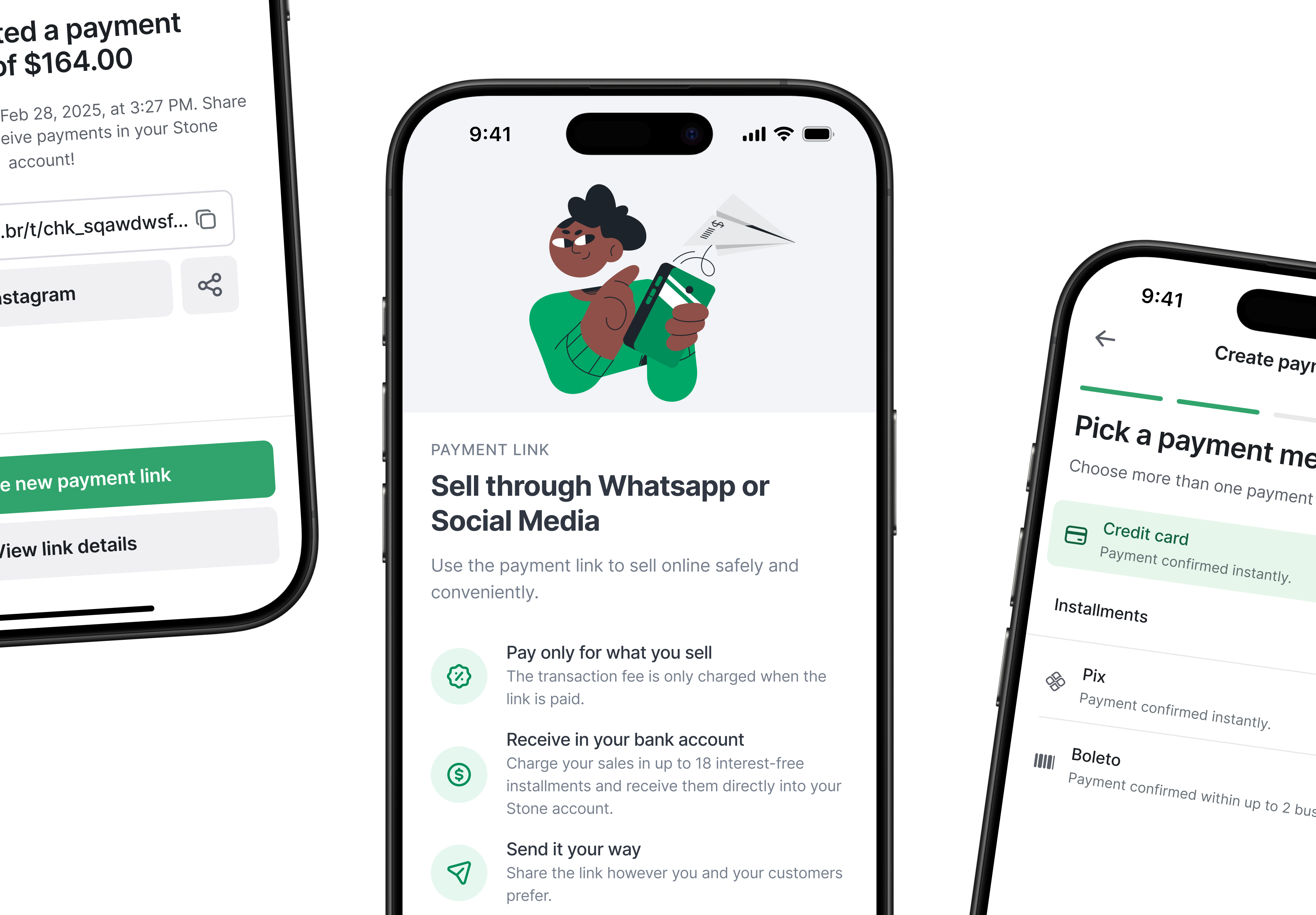 Stone Link payment app interface showing payment link creation and social media features