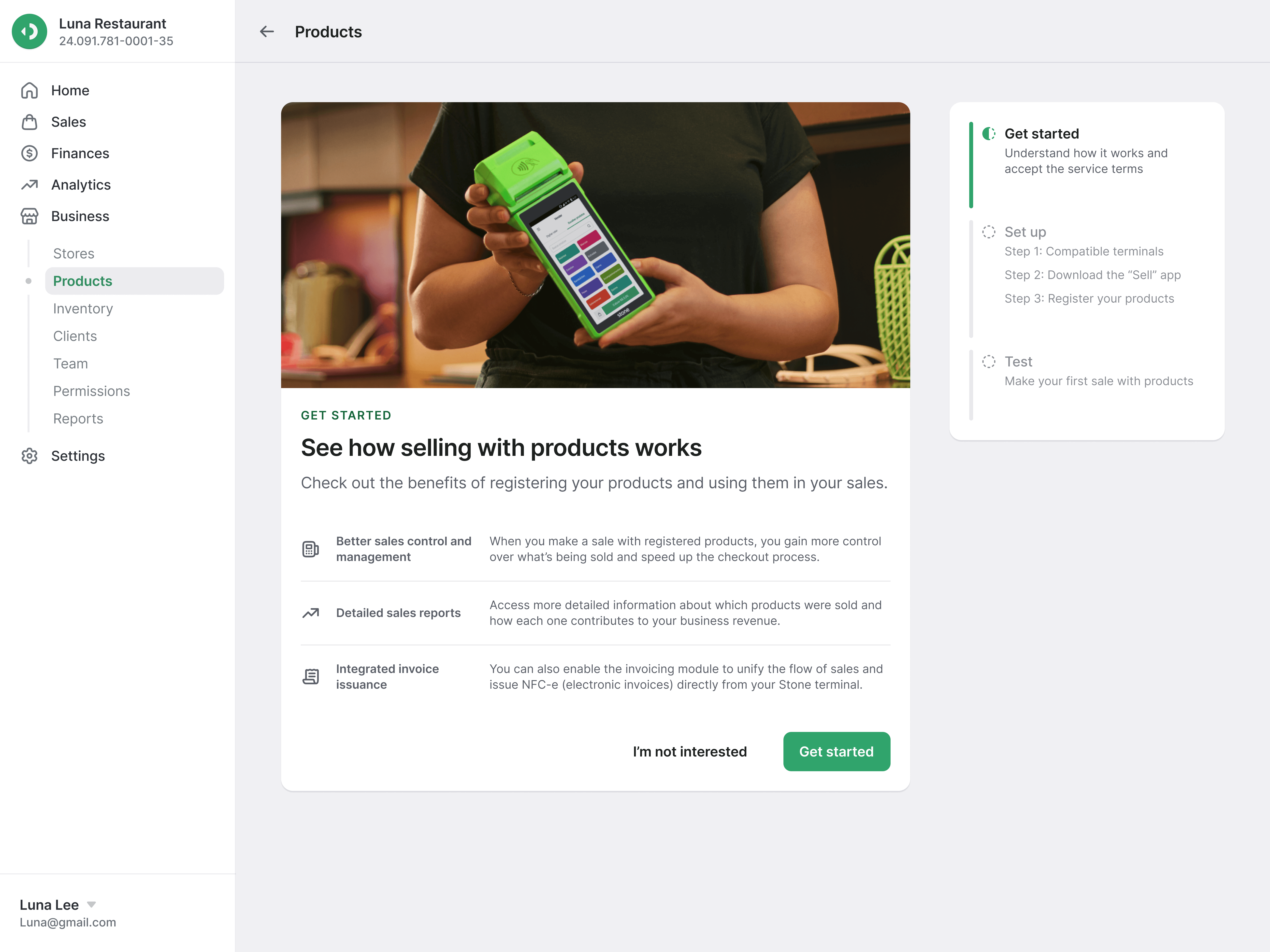 Stone POS onboarding screen showing benefits of selling with registered products
