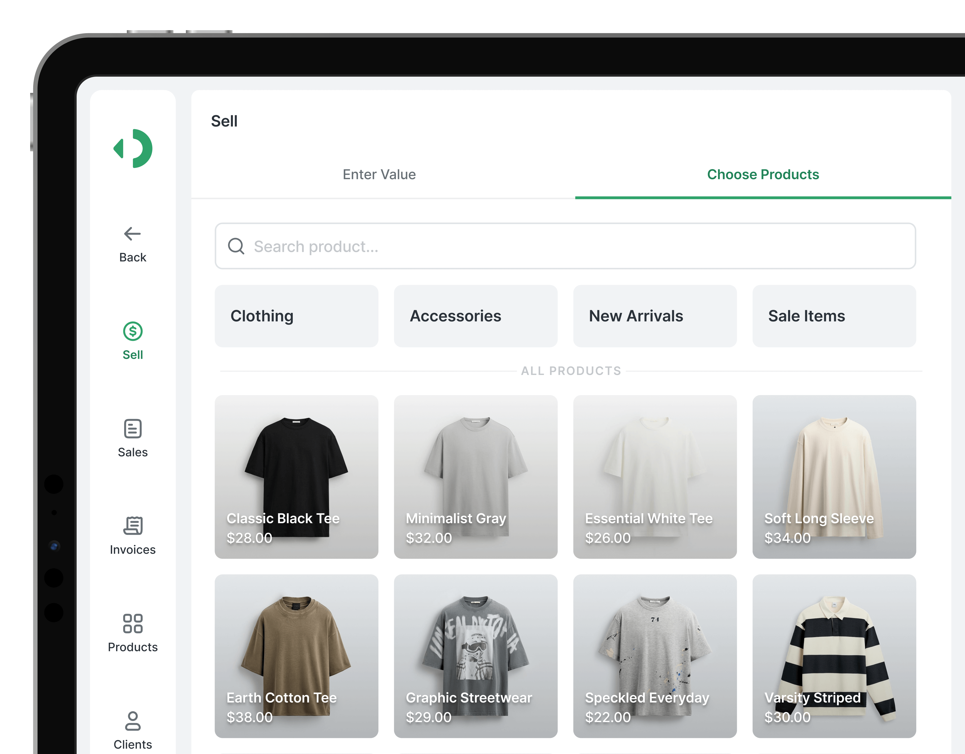Stone POS app showing product catalog with clothing items and accessories